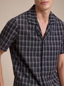 EverLounge Men Plaid Print Button Front Short Sleeve Top & Pants PJ Set - Black - View 4