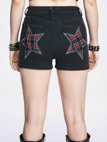 Grunge Punk Shorts de mezclilla estilo punk de ajuste delgado para mujeres, con parches de estrellas, para el verano