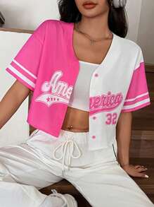 Comfortcana 热粉色字母图案双色落肩短款针织衬衫，短袖上衣 - 彩色 - 查看 4