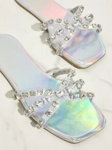 SHUZIA Sauare Toe Flat Sandals, Strappy, Stones, Metallic