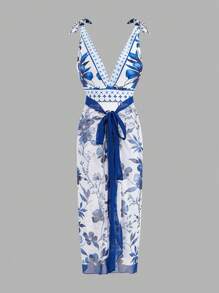 Swim Oasis 女士夏季海灘度假花卉印花肩結一件式泳衣和遮陽裙組合套裝