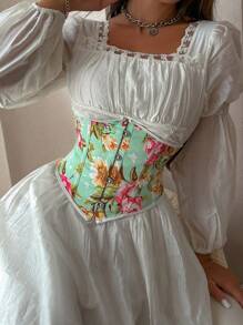 Floral Printed Fishbone Waist Trainer - Green - View 5