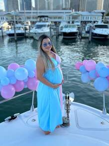 Maternity Colorblock Cross Wrap Tie Backless Multi-Way Dress For Baby Shower Photoshoot - Multicolor - View 3