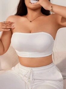 SHEIN Plus Size Solid Color Front Buckle Bandeau Bra & Wireless Bra - White - View 5