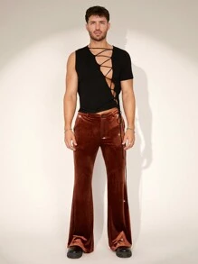 FeverCity Men's Korean Velvet Slim Fit Flared Long Dress Pants - Brown - View 5