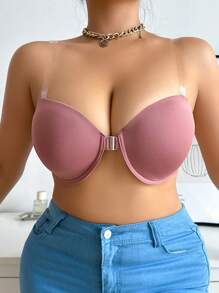 大尺寸純色前扣內衣帶鋼圈，1件 - 棕色 - 查看 3