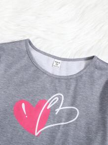 SHEIN 少女心形圖案短袖T恤+直筒褲+短褲針織舒適休閒防火家居睡衣套裝3件 - 彩色 - 查看 3