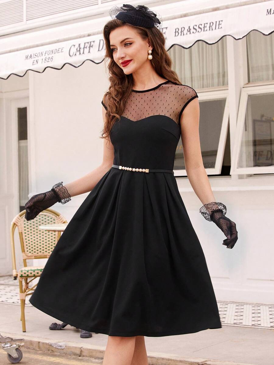 Vintamour 复古优雅女士波尔卡圆点网眼拼接圆领盖袖连衣裙搭配伞裙，A 字型黑色连衣裙，适合工作和休闲老式风格教师服装单身女郎礼服早午餐服装秋季礼服半正式礼服教师礼服夏季女装生日服装女装正式女装秋季婚礼宾客礼服约会晚礼服 - 黑色 - 查看 1