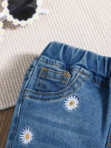 SHEIN 嬰兒女孩高腰彈性花卉刺繡喇叭褲，水洗女孩牛仔夏季套裝