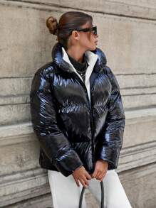 EURMUSE Puffer Jacket With Snap Buttons And Adjustable Waist Hem, Young And Warm - Black - View 6