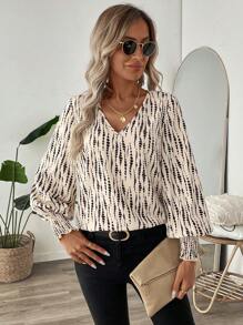 SHEIN LUNE Koszula robocza z marszczeniami w poprzek paska, z rękawami w kształcie latarni, w paski, w kropki, na co dzień, dla kobiet, z długim rękawem, z falbanką, z dekoltem w serek, regularny krój, regularny, wielokolorowy, z rozszerzanymi rękawami, bluzki damskie, wiosna/jesień, codzienne, codzienne ubrania