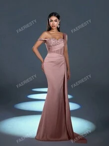 Faeriesty Elegant Sophisticated Satin Asymmetric Maxi Dress With Sequin-Decor Shoulder & Fish-Tailed High-Waisted Slit | Dramatic Evening Look For Galas, Parties Or Luxury Events Party Dress Wedding Guest Dress Formal Dress,Gown
