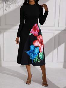 Elenzga 圆领长袖花朵印花夏季束腰长裙女装 - 黑色 - 查看 5