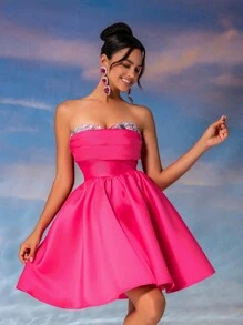 SHEIN Belle Đầm dự tiệc ngắn bằng vải satin lấp lánh xếp li sang trọng dễ thương không dây, đính sequin chắp vá, váy ngắn dự tiệc màu hồng phấn, váy dự tiệc cưới bán trang trọng, cho tiệc sinh nhật, lễ tốt nghiệp, tiệc về quê - Màu Hồng Tươi - Xem 5