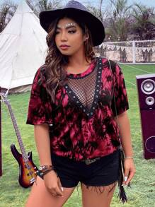 SHEIN MOOSTA 大码女式夏季扎染印花撞色网眼圆领短袖休闲T恤新年衣服图案T恤女式上衣 - 紅色 - 查看 4