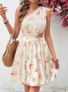 SHEIN VCAY Robe d'été pour femmes à épaule oblique creuse avec imprimerie florale - Multicolore - Voir 5