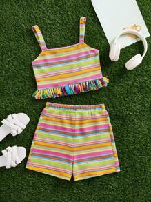 SHEIN Essnce Summer Yellow Boho Picnic Colorful Striped Knitted Fringed Hem Camisole Top And Shorts Two-Piece Set,Rave Festival Outfits For Women & Tween Girl - Multicolor - View 1