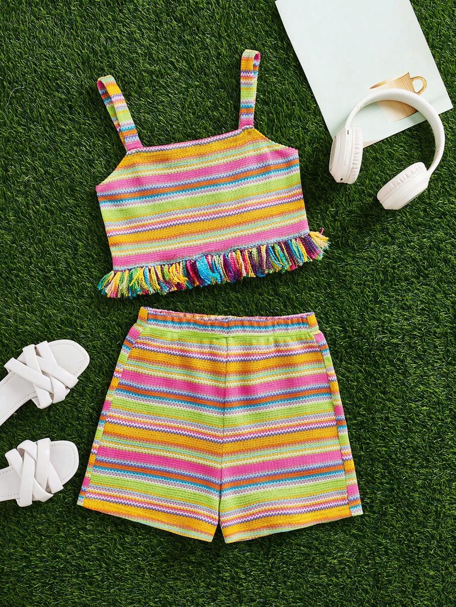 SHEIN Essnce Summer Yellow Boho Picnic Colorful Striped Knitted Fringed Hem Camisole Top And Shorts Two-Piece Set,Rave Festival Outfits For Women & Tween Girl - Multicolor - View 1