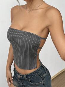 SHEIN Unity Women Striped Print Backless Tube Top Strapless Top - Grey - View 6