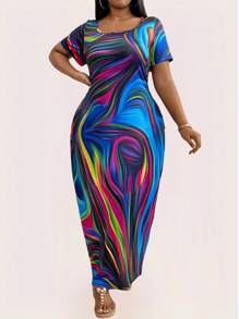 Maweii Vestido maxi de manga corta con cuello cuadrado para mujer de talla grande