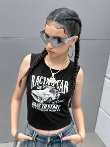 SHEIN 青少年女孩汽車和標語圖案背心上衣 - 黑色 - 查看 1