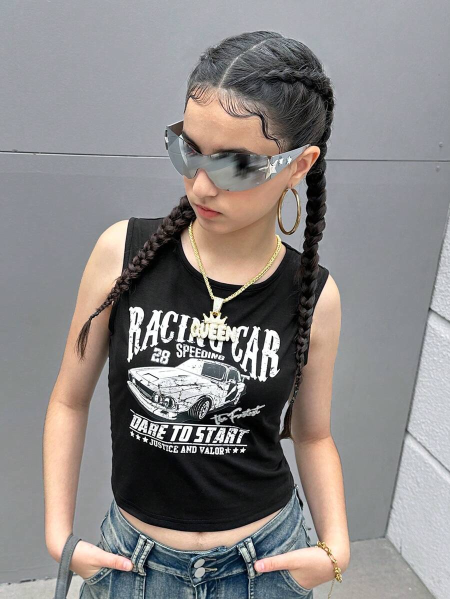 SHEIN 青少年女孩汽車和標語圖案背心上衣 - 黑色 - 查看 1