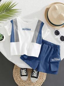 SHEIN Baby Jungen Lässig Set aus Rundhals-Farbblock Kurzarm T-Shirt mit Buchstaben Muster und Shorts