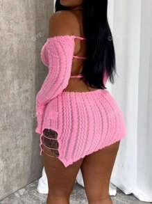 Vestido ajustado con hombros descubiertos y diseño calado de color liso, vestido corto de mujer sexy con corte, borde de lechuga, manga larga dividida con hombros descubiertos, ajuste regular, mangas cortas acampanadas, vestido corto liso para mujer, uso diario casual, primavera/otoño
