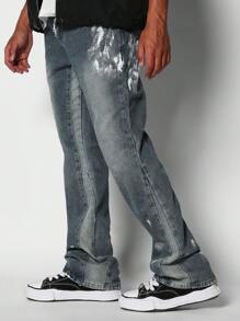 SUMWON Colour Blocked Flare Fit Jean With Paint Print - Blue - View 2