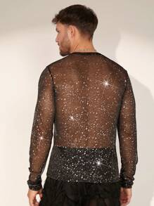 FeverCity Men's Sheer Mesh Round Neck Long Sleeve Knit T-Shirt, Suitable For Summer - Black - View 2