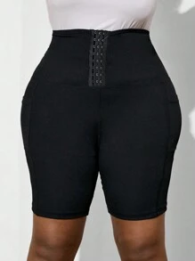 SHEIN Lady Plus Size Women's Slim Fit Trousers With Button Fastening, Summer Basics - Black - View 5