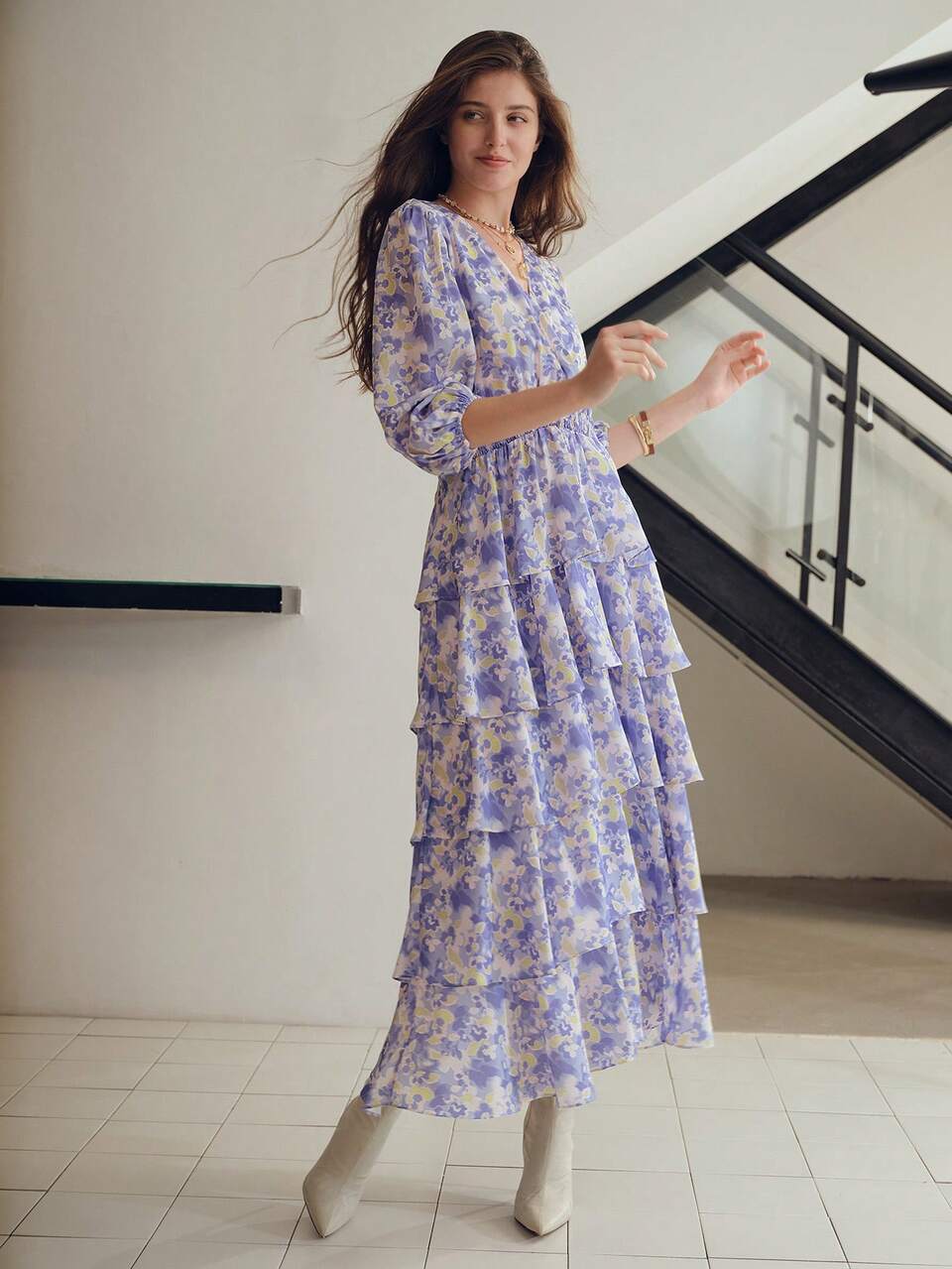 ALLOVER FLORAL PRINT SURPLICE NECK LANTERN SLEEVE LAYERED HEM DRESS