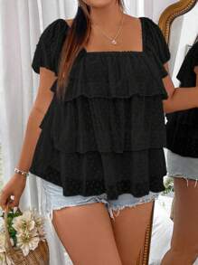 SHEIN MOOSTA 大码编织休闲可爱衬衫荷叶边上衣 - 黑色 - 查看 7