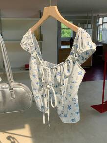 Comfortcana Áo Babydoll hoa xanh trắng ngọt ngào - Xanh và trắng - Xem 6