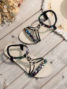 女款黑色平底涼鞋，編織設計，輕盈舒適且防滑，編織花紋隨機 - 彩色 - 查看 7