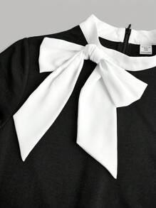SHEIN Girlism Teen Girl dệt kim mối nối màu có thể tháo rời nơ xếp li váy ngắn tay đơn giản - Đen và trắng - Xem 3