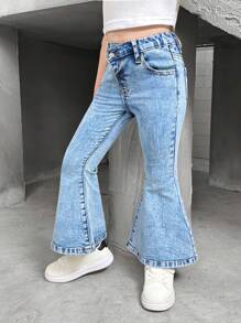 SHEIN Young Girls Y2K Blue Denim Flared Jeans,Summer Boho Thin Denim Pants,Young Girl Summer Cute Break Clothes Outfits - Light Wash - View 4