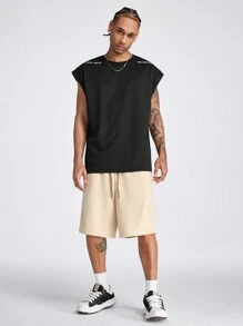 Manfinity RebelGame Men's Loose Fit Round Neck  Tank Top With English Letter Prints, Suitable For Summer - Black - View 6