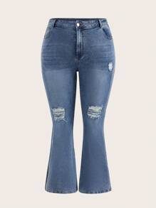 SHEIN CURVE+ Plus Size Denim Stretch Fashion Slim Flared Pants - Blue - View 8