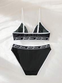 DC Women Core X SHEIN Women's Black Printed Letter Graphic Contrast Binding Bra & Panty Set Lingerie Set Sports - Multicolor - View 2