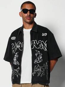 SUMWON Áo sơ mi Boxy Fit có khóa kéo với họa tiết Gothic phía trước - màu đen - Xem 3