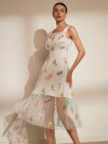 Aveloria Rosie Vestido de vacaciones para mujer, tirantes finos y sin mangas, con malla transparente de hada y bordado