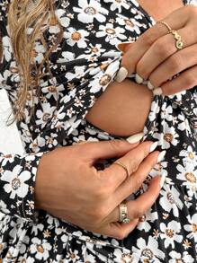 SHEIN Maternity Floral Print V-Neck Long Sleeve Nursing Dress, Daily Casual Wear