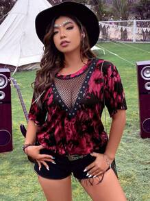 SHEIN MOOSTA 大码女式夏季扎染印花撞色网眼圆领短袖休闲T恤新年衣服图案T恤女式上衣 - 紅色 - 查看 7