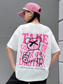 SHEIN Áo thun tay ngắn cổ tròn trơn cho bé gái tuổi teen có in khẩu hiệu và hoạt hình - trắng - Xem 1