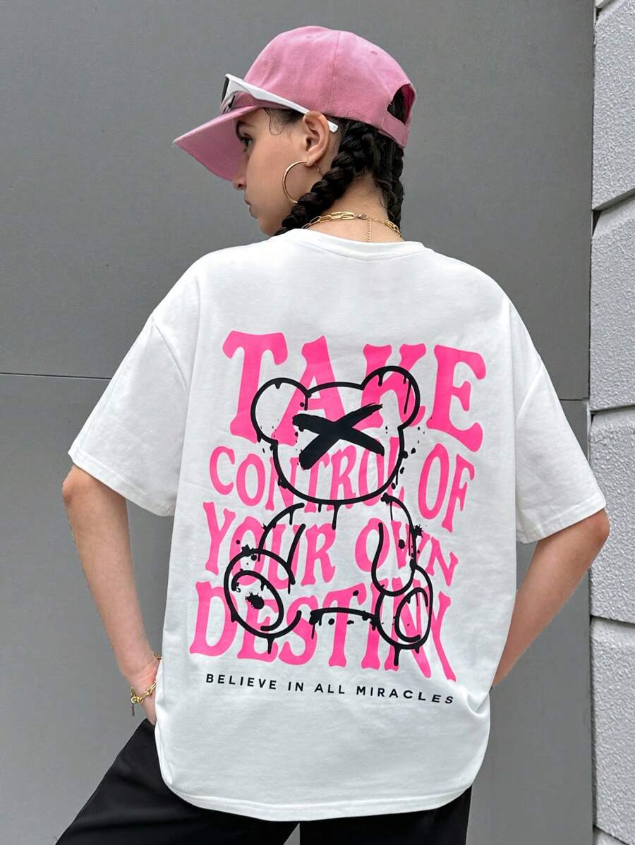 SHEIN Áo thun tay ngắn cổ tròn trơn cho bé gái tuổi teen có in khẩu hiệu và hoạt hình - trắng - Xem 1