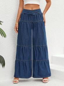 SHEIN Essnce Ruffle Hem Wide Leg Jeans - Light Wash - View 5