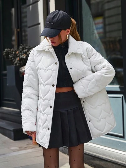 EURMUSE Puffer Coat With Heart Shape Stitching, Pocket Details, Big Collar, Snap Buttons, Warm And Fashionable