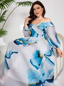 Modelyn Plus Size Off-Shoulder Long Sleeve Color Blocking Summer Dresses For Women - Green - View 4