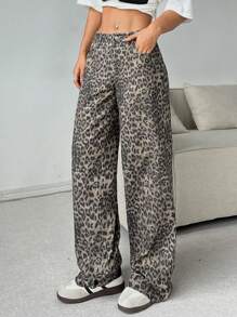 SHEIN EZwear 女士豹紋簡約日常長褲